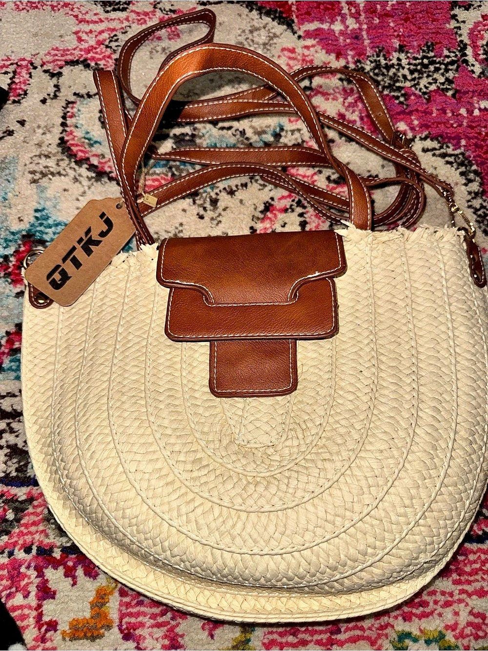 TKJ Woven Shoulder Bag in Cream & Brown NWT
